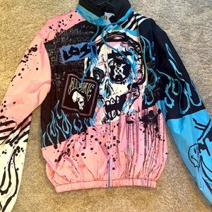 Pink, black and blue bomber jacket